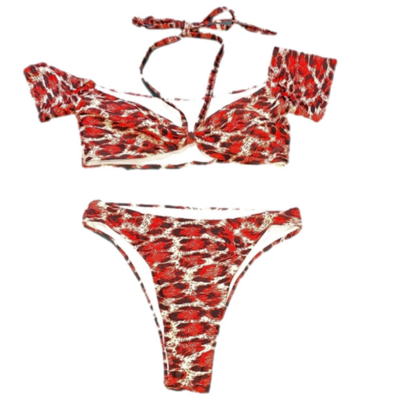 VIBRANT RED/ORANGE & BLACK SHORT SLEEVE BIKINI NEW LARGE - Picture 1 of 9